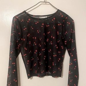 Black Mesh Long Sleeve Crop Top with Cherry Allover Print